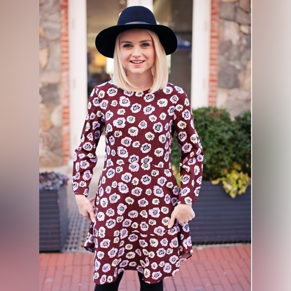 LOFT Maroon Floral Long Sleeve Dress with Deep V Back – Size 4